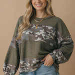 Bubble long sleeve detail on olive camo color block French terry pullover