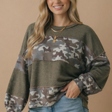Bubble long sleeve detail on olive camo color block French terry pullover