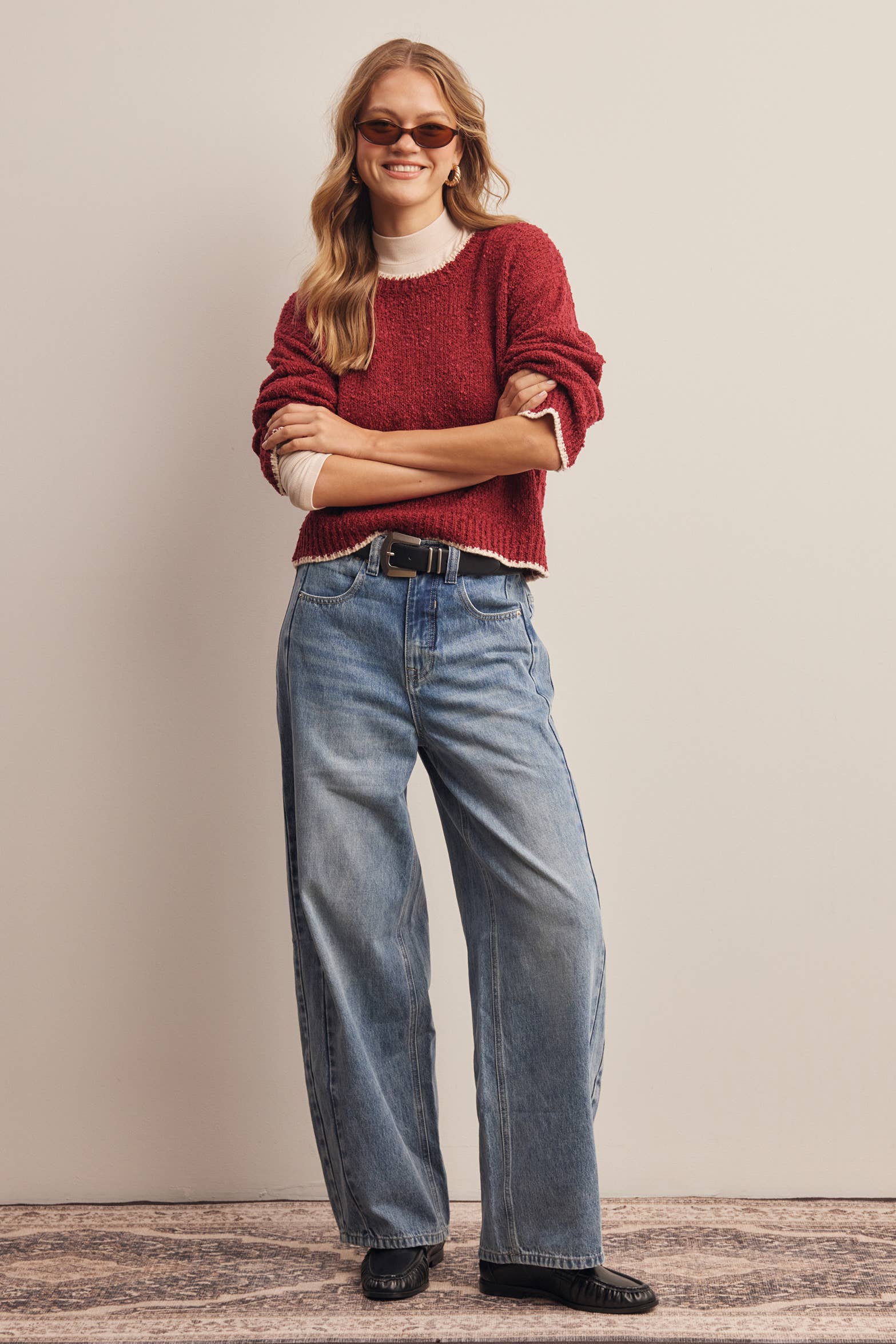 Contrast Trim Bouclé Sweater in Wine – 8
