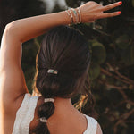Reflect hair tie bracelet set in beachy neutrals and green with gold wave charm, view 4