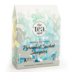 Individually foil-sealed pyramid sachets from The Tea Spot green tea sampler