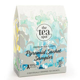 Individually foil-sealed pyramid sachets from The Tea Spot green tea sampler