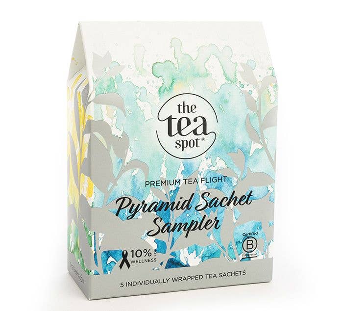 Individually foil-sealed pyramid sachets from The Tea Spot green tea sampler