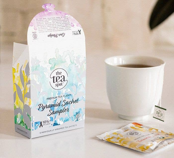 The Tea Spot green tea sampler box with five pyramid sachets