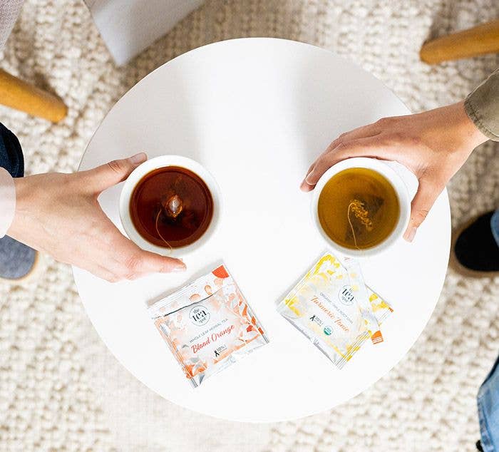 Whole-leaf pyramid tea sachet from The Tea Spot green tea sampler