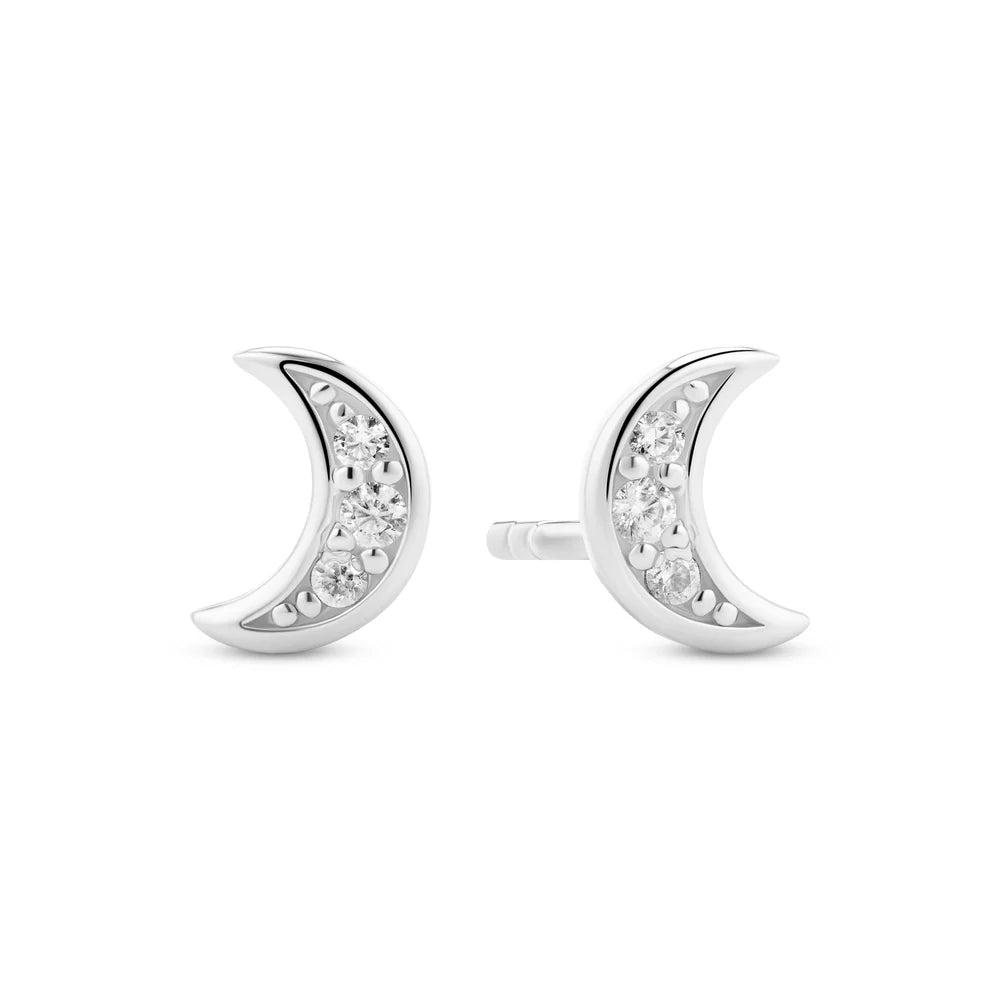 Crescent Moon Stud Earrings – Sterling Silver or 18k Gold Plated | Zirconia