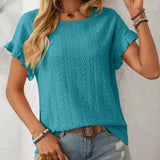 Dark Blue Solid Color Crewneck Sweet Short-Sleeve Hollow-Out Top