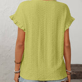 Dark Blue Solid Color Crewneck Sweet Short-Sleeve Hollow-Out Top