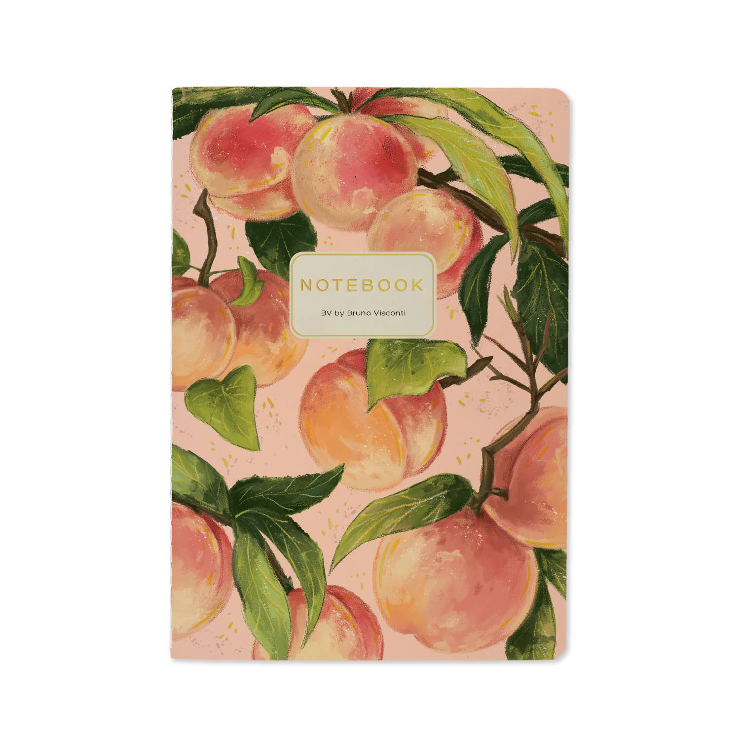 A5 ruled notebook with a painted peach and foliage cover design, front cover