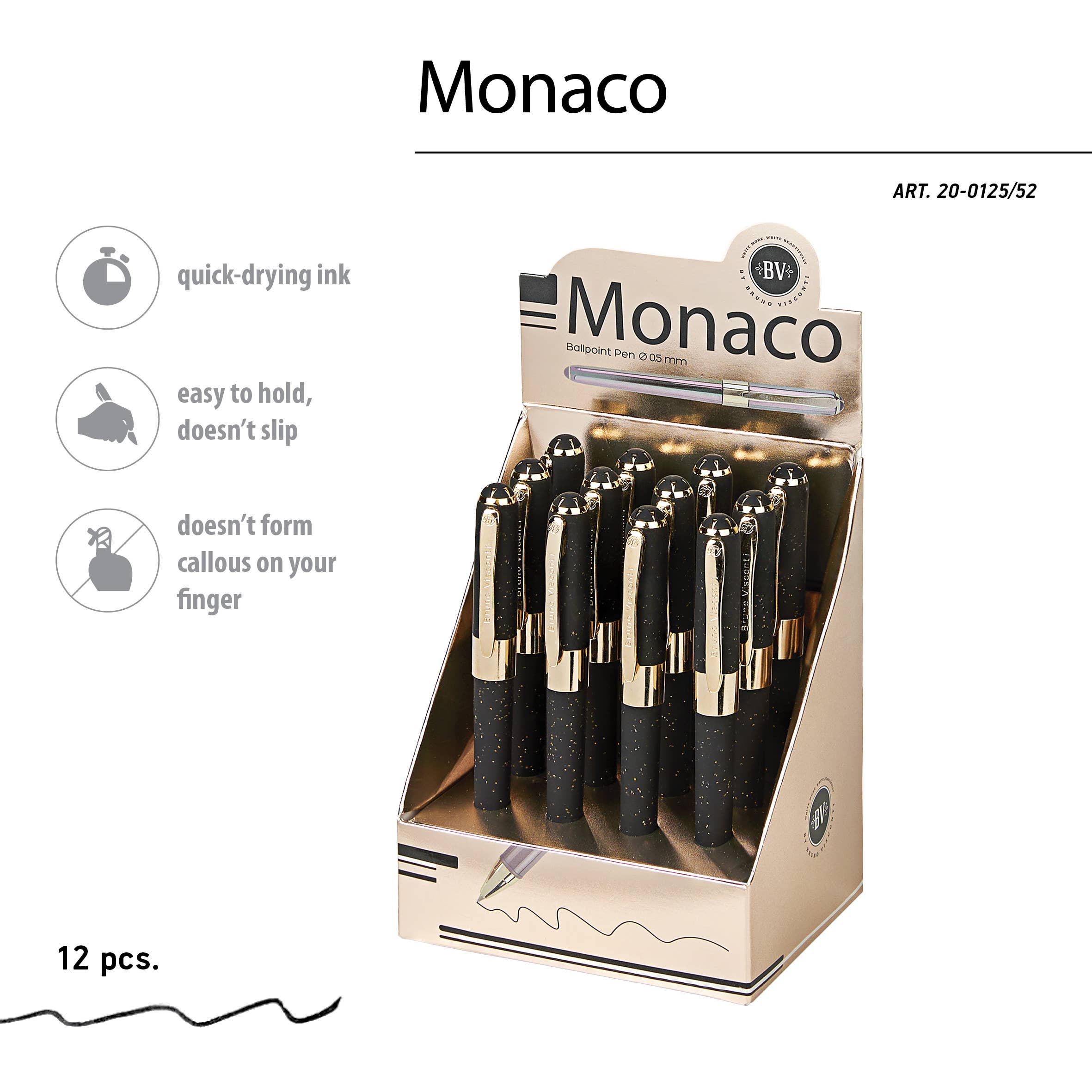 Monaco soft-touch ballpoint pen in black with gold glitter, detail view