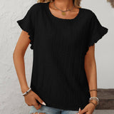 Dark Blue Solid Color Crewneck Sweet Short-Sleeve Hollow-Out Top