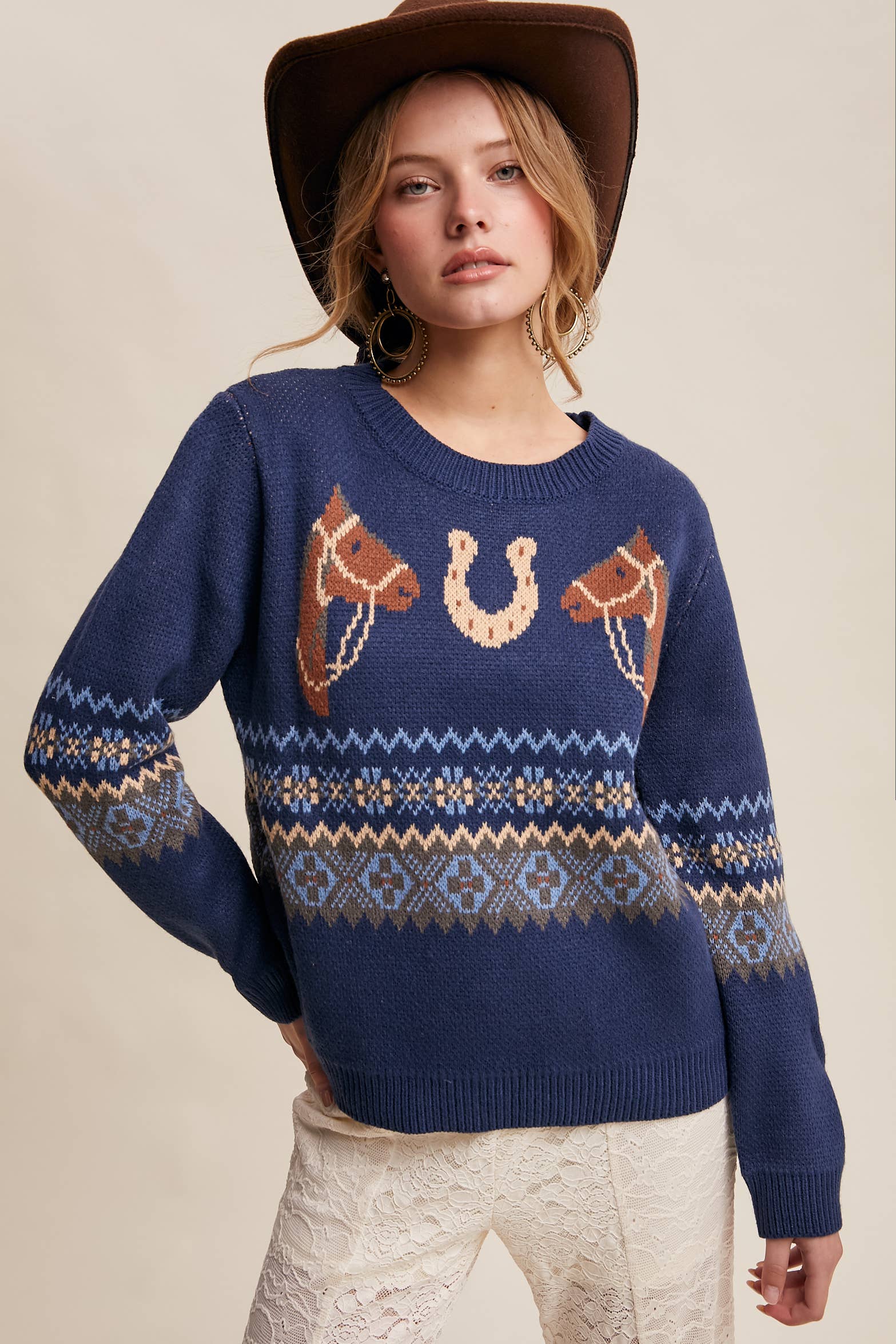 Western Horse & Horseshoe Sweater in Navy – 5