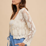 Floral Crochet Style Cotton 3/4 Sleeve Cardigan