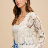 Floral Crochet Style Cotton 3/4 Sleeve Cardigan