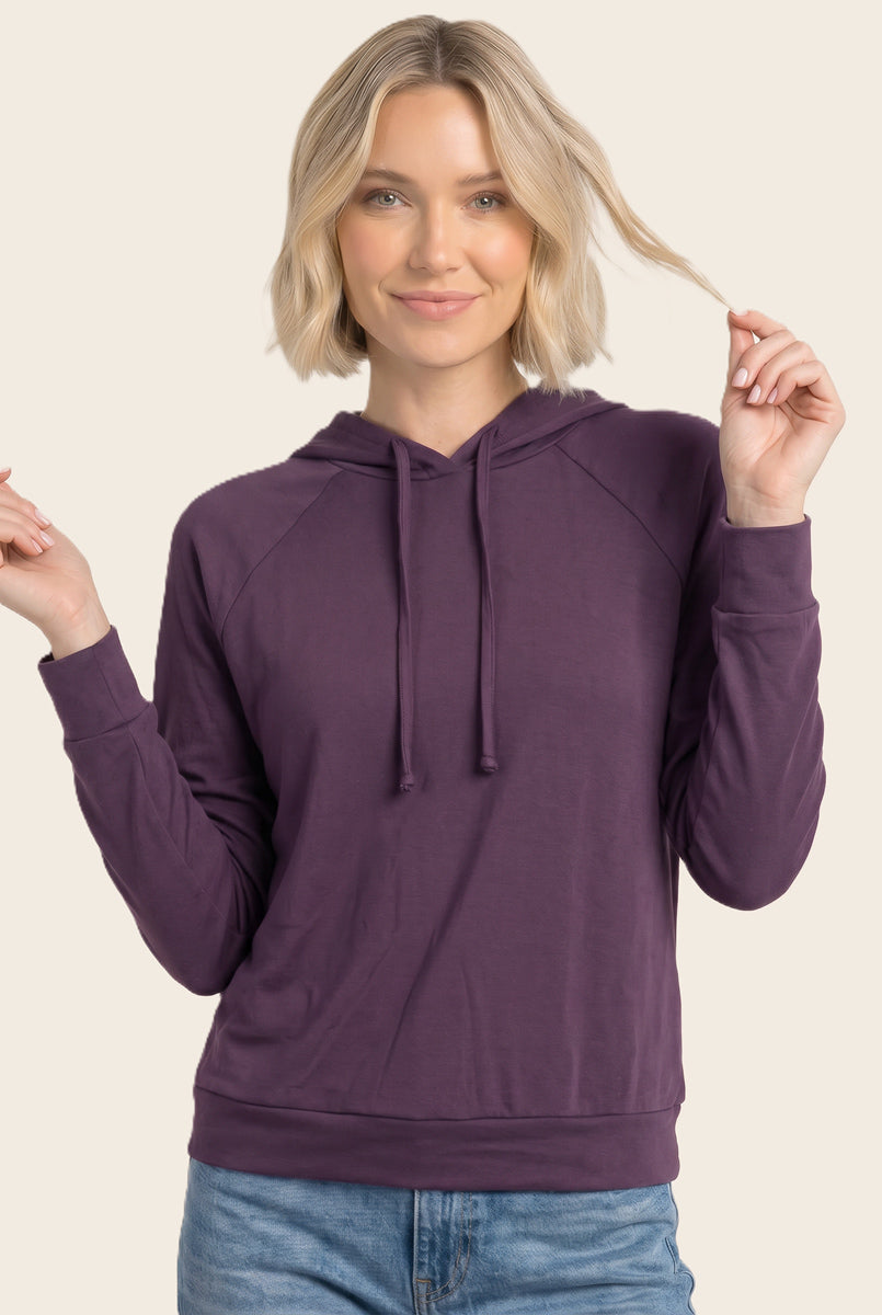 Drawstring neck long sleeve brushed jersey top in eggplant