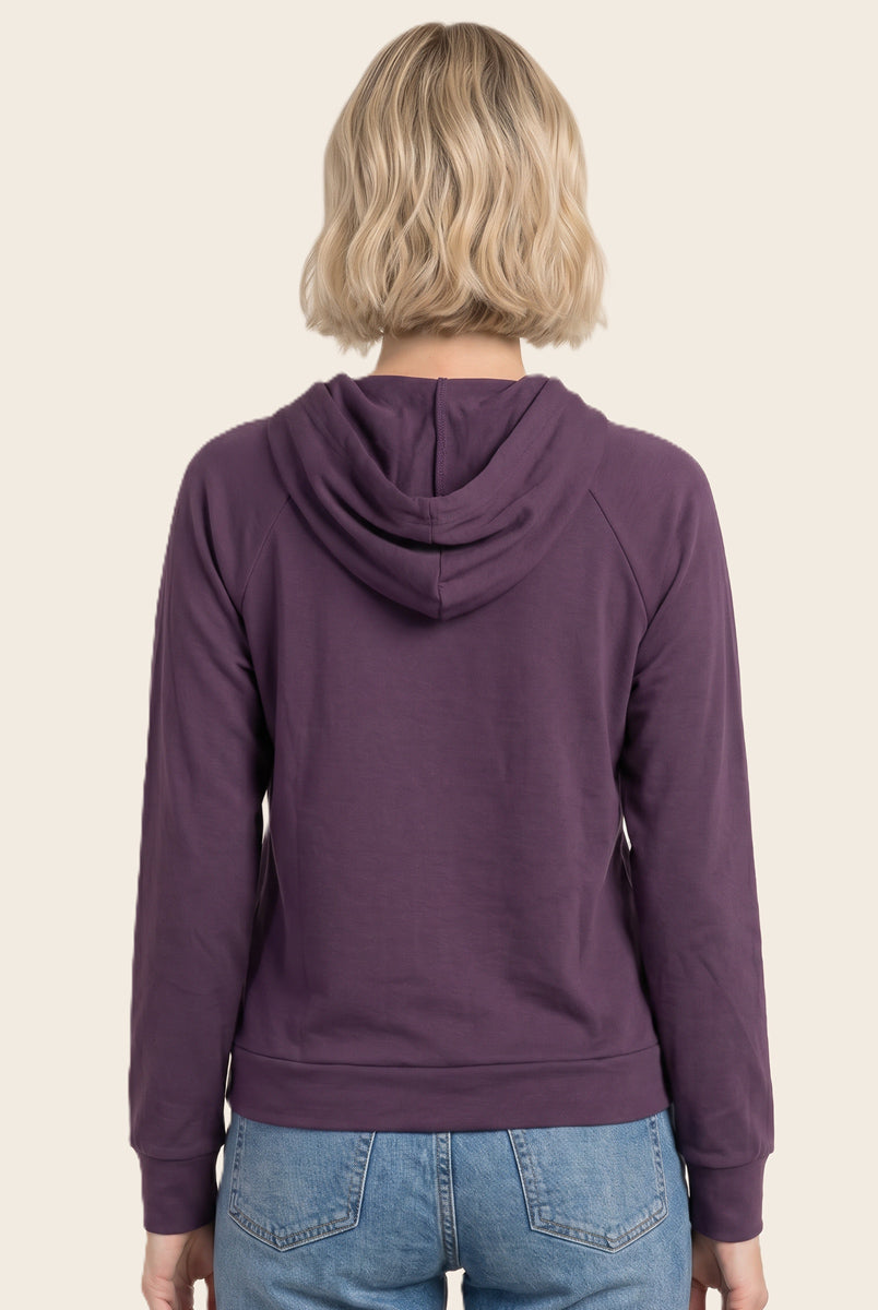 Drawstring neck long sleeve brushed jersey top in eggplant - front view