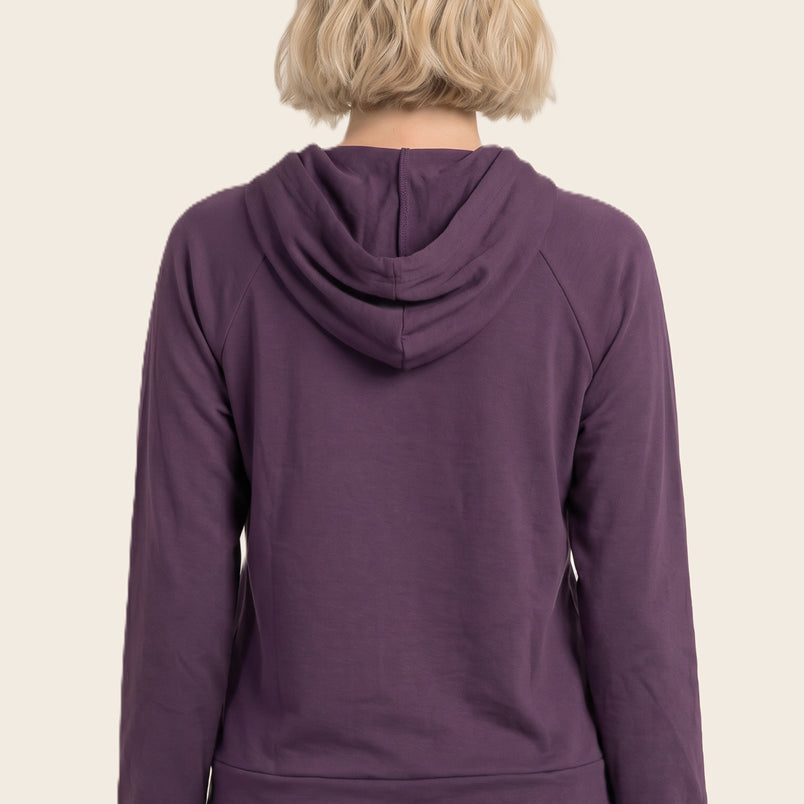 Drawstring neck long sleeve brushed jersey top in eggplant - front view
