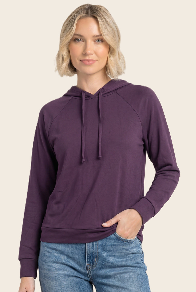 Drawstring neck long sleeve brushed jersey top in eggplant - back view