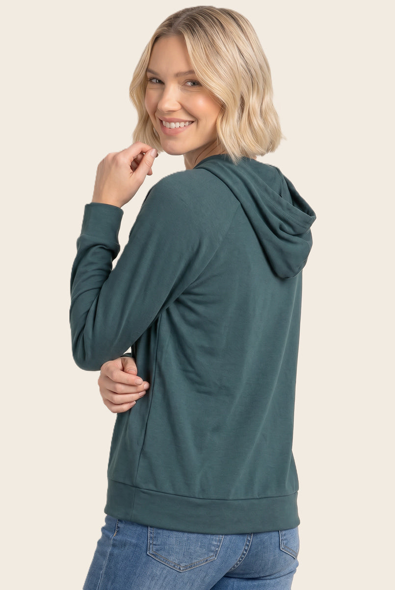 Drawstring neck long sleeve brushed jersey top in forest