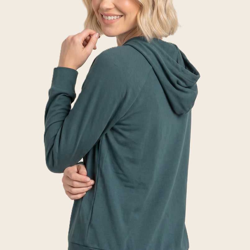 Drawstring neck long sleeve brushed jersey top in forest