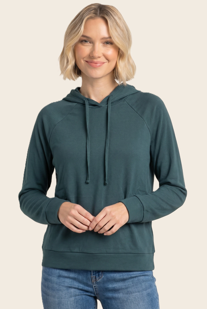 Drawstring neck long sleeve brushed jersey top in forest - front view