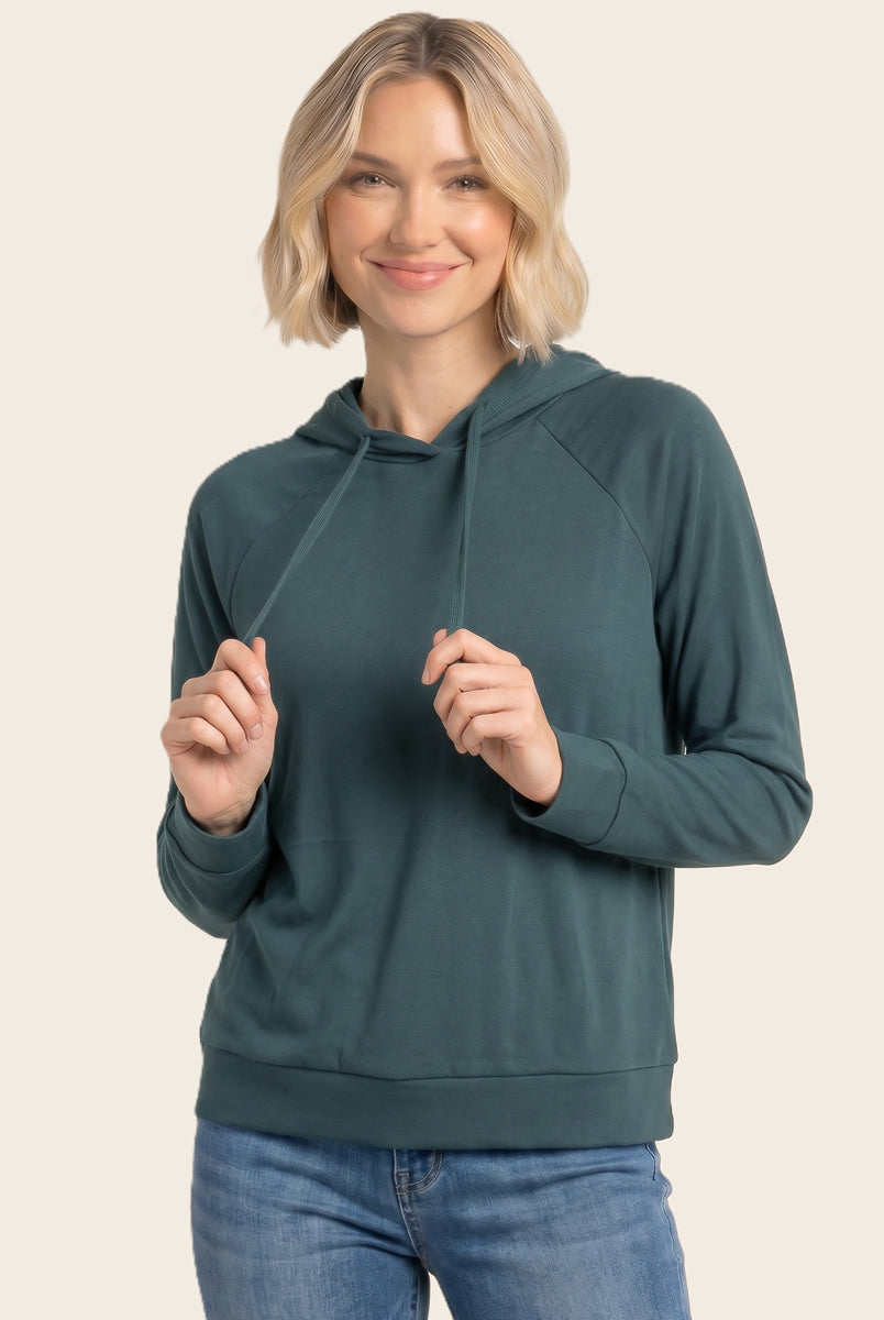 Drawstring neck long sleeve brushed jersey top in forest - back view