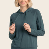 Drawstring neck long sleeve brushed jersey top in forest - back view