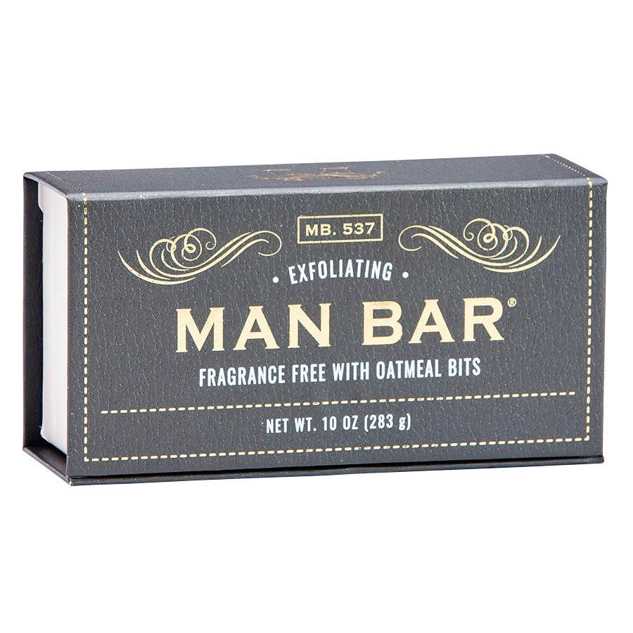 Man Bar 10 oz exfoliating bar soap in Fragrance Free with oatmeal bits, charcoal gift box