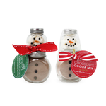 Two mini snowman hot cocoa jars with red and striped ribbon scarves