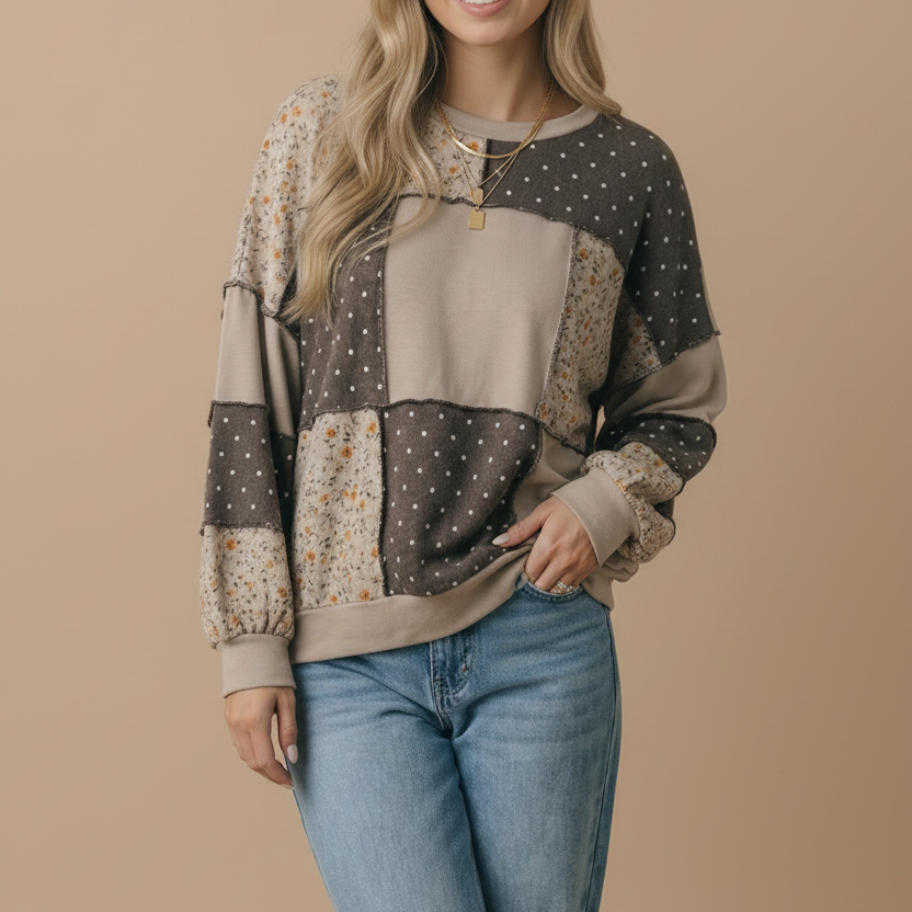 Round Neck Mixed Print Patchwork Pullover