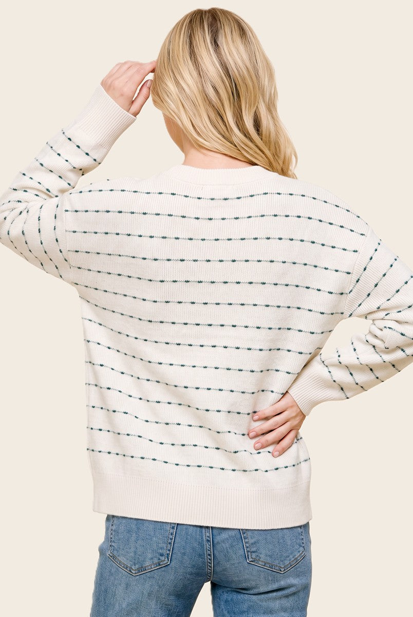 Textured Stripe Crew Neck Pullover Sweater in Ivory / Teal - back