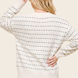 Textured Stripe Crew Neck Pullover Sweater in Ivory / Teal - back