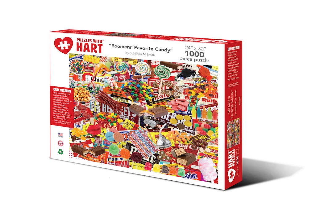 Boomers' Favorite Candy 1,000-piece jigsaw puzzle box showing a colorful collage of classic candy bars, lollipops and vintage candy wrappers