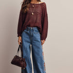 Open-Knit Stripe Sweater Top in Burgundy – 9