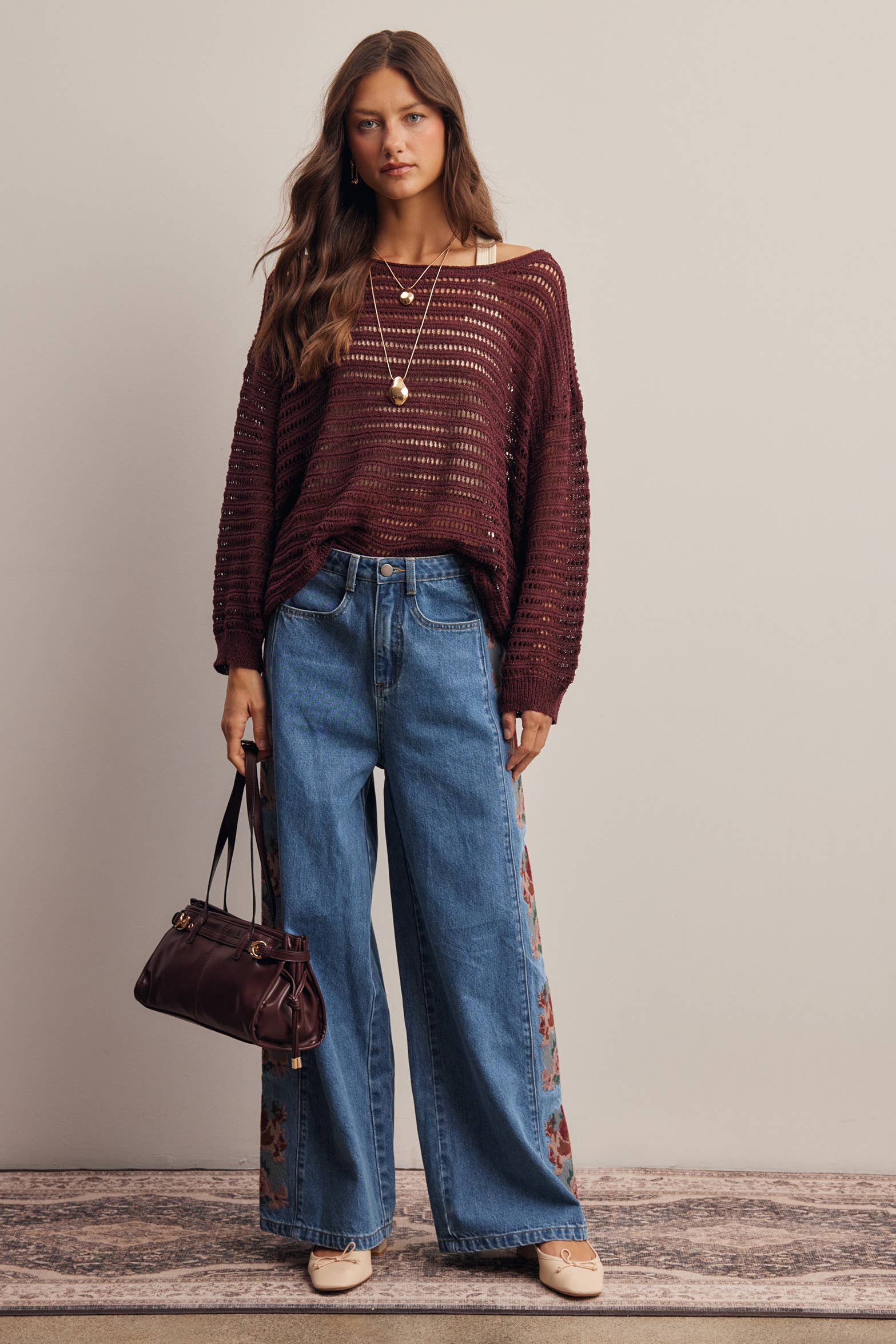 Open-Knit Stripe Sweater Top in Burgundy – 9