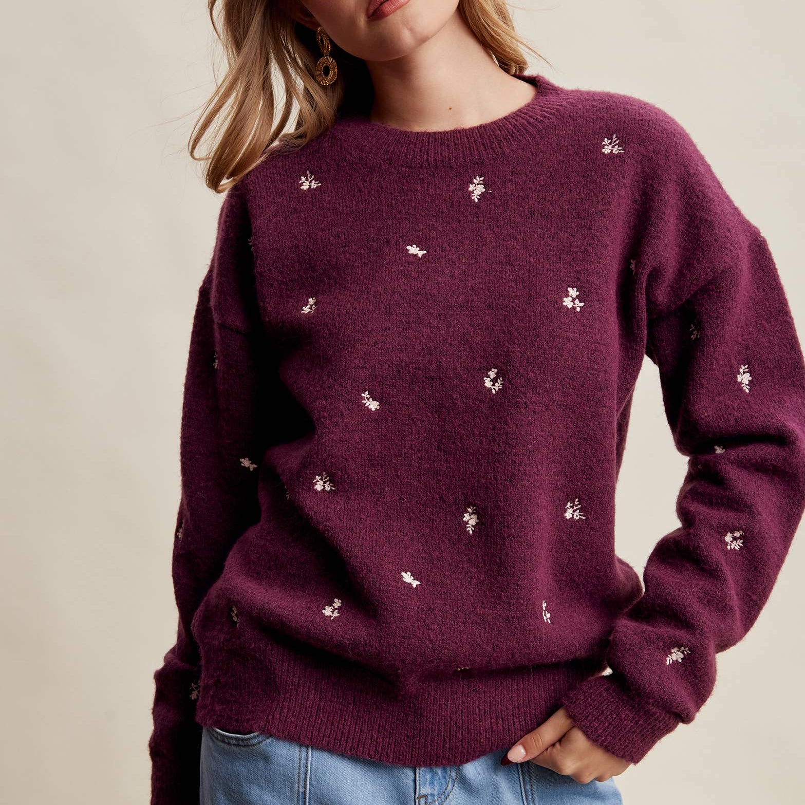 Women's Embroidered Dot Sweater in Plum – 1