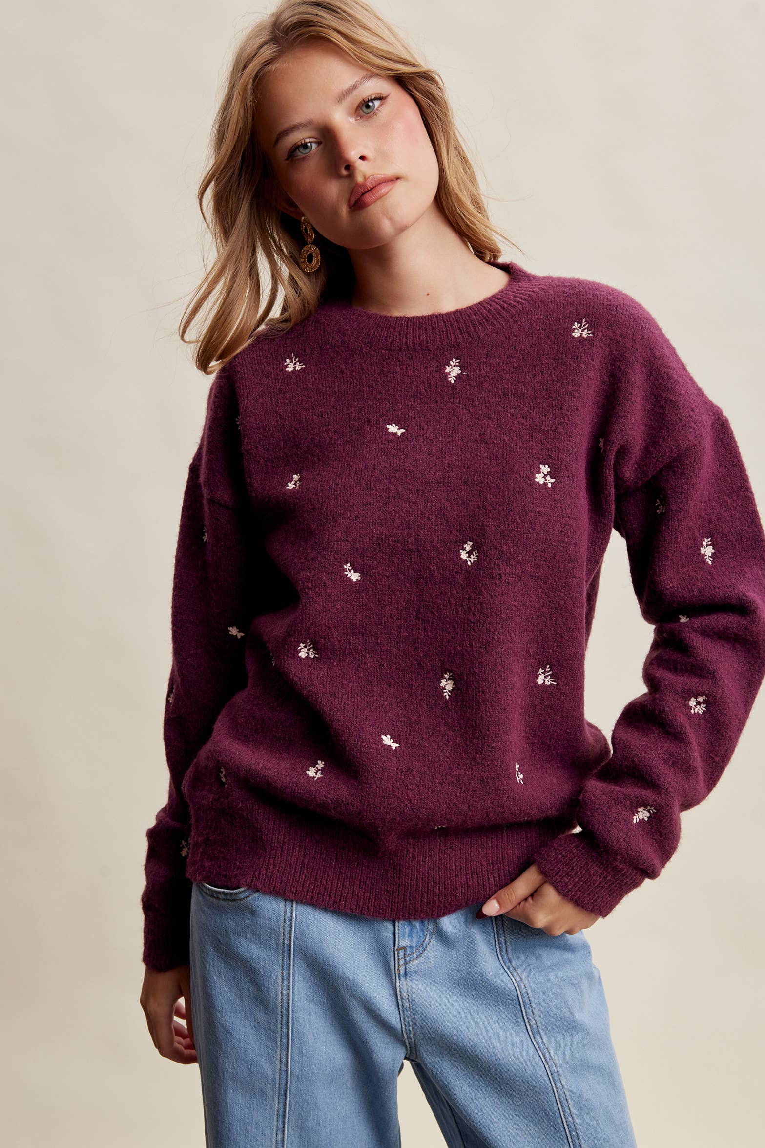 Women's Embroidered Dot Sweater in Plum – 1