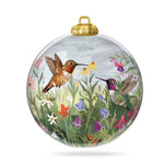 Reverse of the glass ornament with a rufous hummingbird and a green hummingbird feeding at flowers