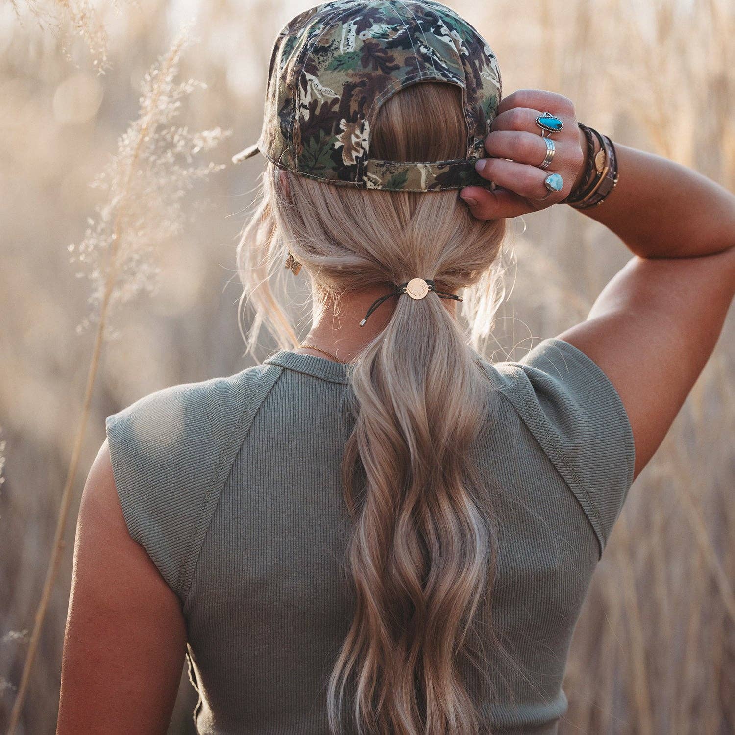Adapt hair tie bracelet set in earthy neutrals and camo with gold antler charm, view 6