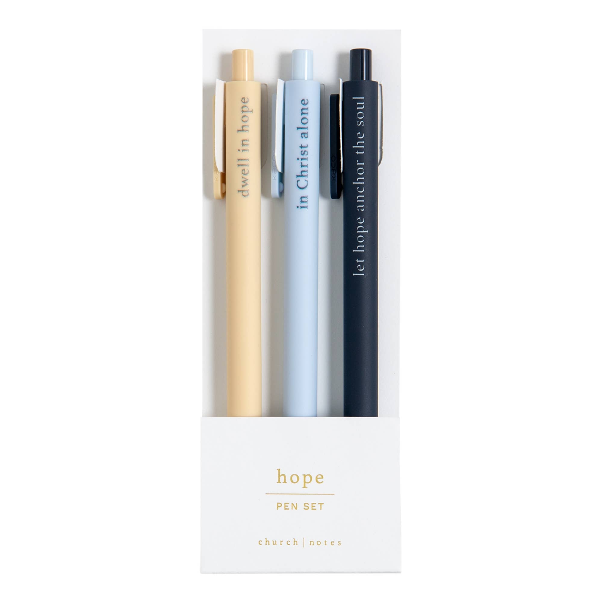 Hope Bible study pen set, three gel pens in gold, blue and navy