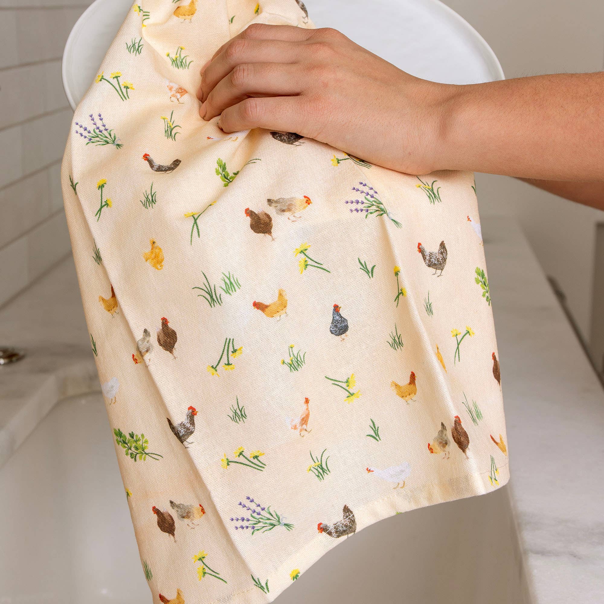Chicken Meadows cotton kitchen towel, view 2 of 4