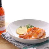 Chicken breast with Hot Pepper Peach Bourbon Sauce, lemon and cilantro