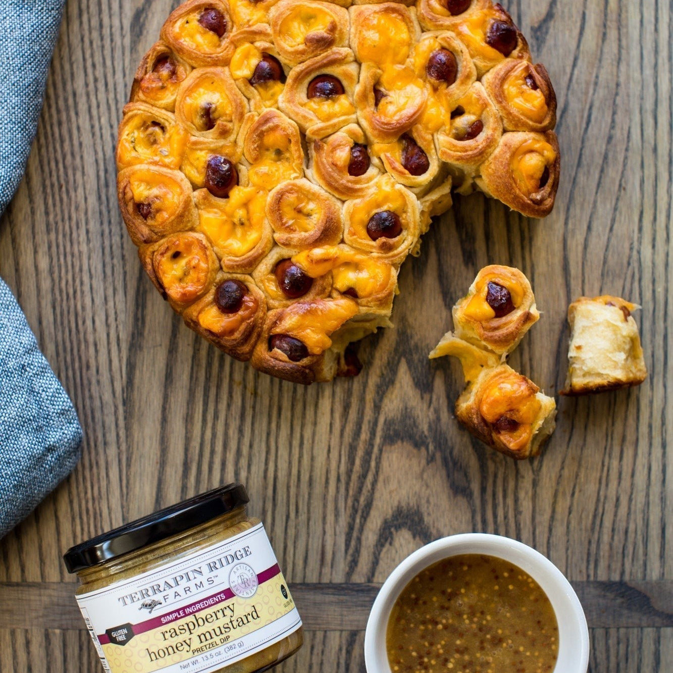 Pull-apart cheese and sausage bread with Raspberry Honey Mustard Pretzel Dip