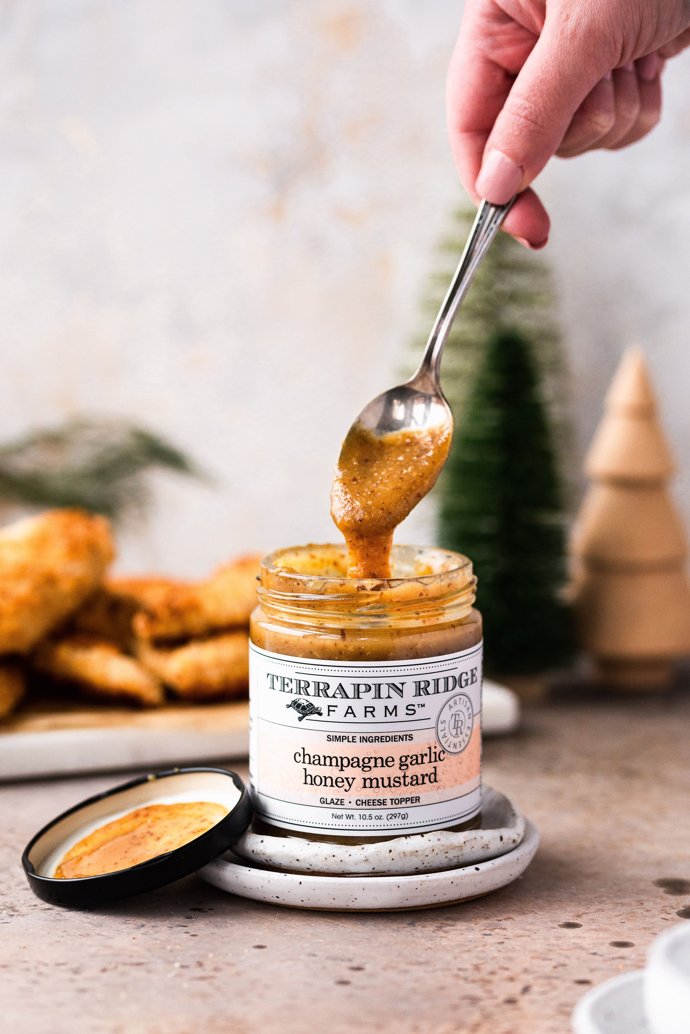 Spoon dipping into Champagne Garlic Honey Mustard with fried appetizers
