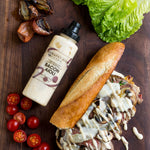 Grilled steak and mushroom baguette sandwich with Bacon Aioli