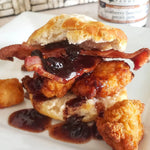Fried chicken and bacon biscuit sandwich with Blueberry Bourbon Pecan Jam
