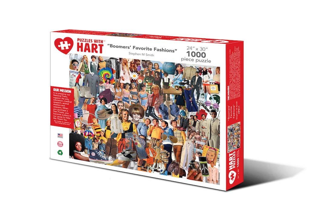 Boomers' Favorite Fashions 1,000-piece jigsaw puzzle box showing a collage of 1960s and 1970s fashion, from tie-dye to leisure suits and go-go boots