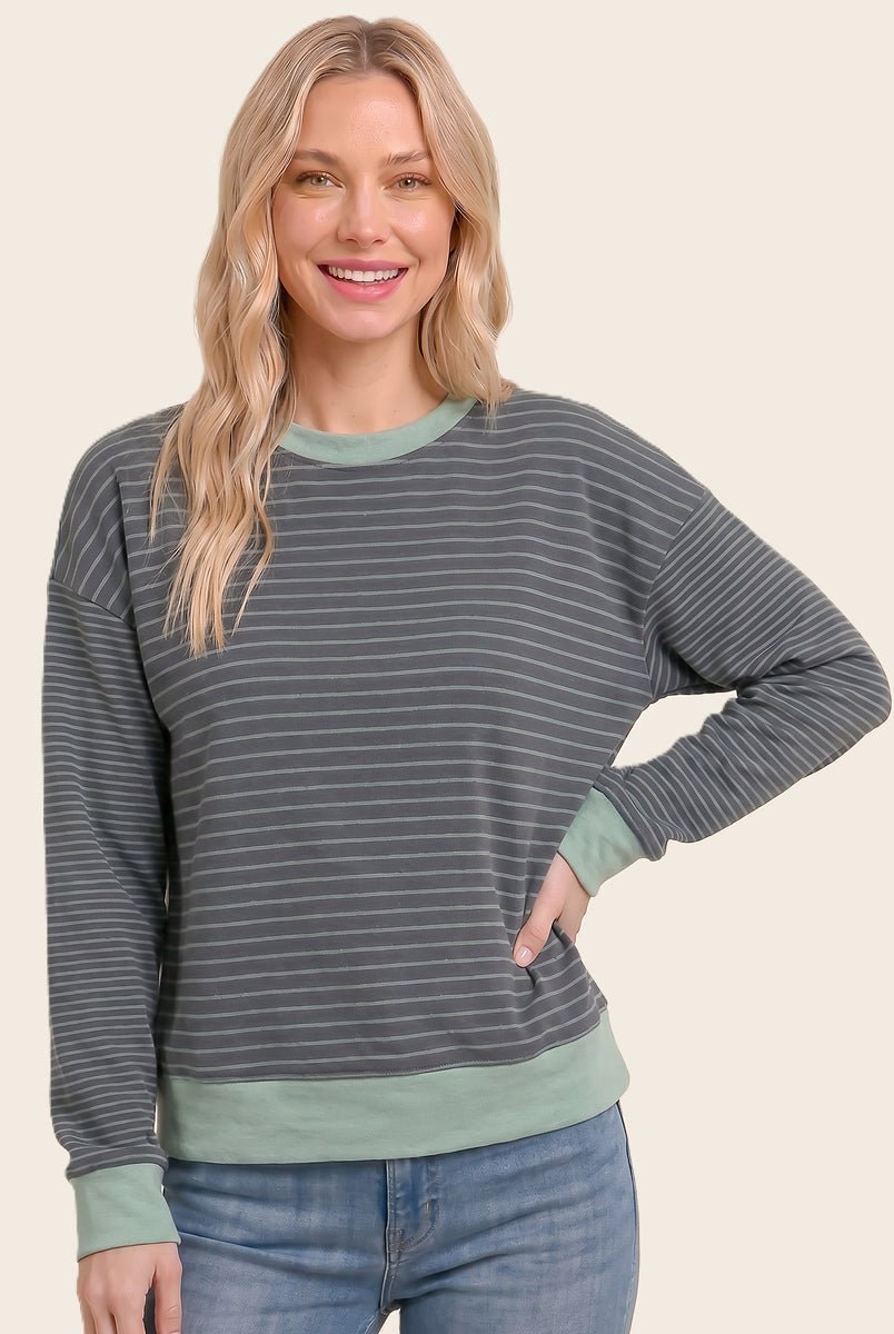 Color accent micro brushed stripe sweater in sage