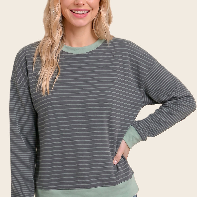 Color accent micro brushed stripe sweater in sage