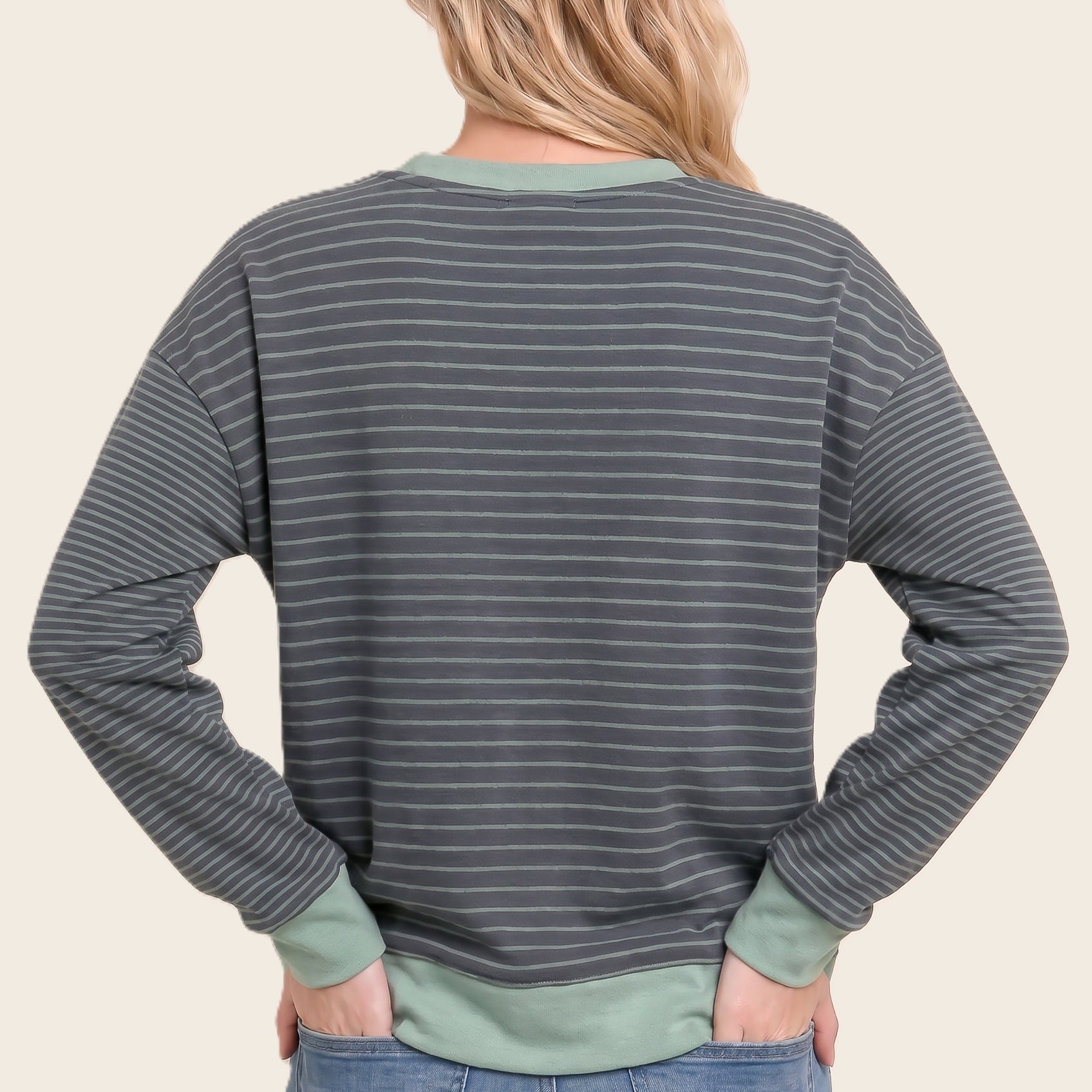 Color accent micro brushed stripe sweater in sage - front view